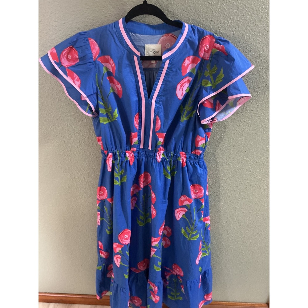 Umgee Floral Midi Dress Womens Large Blue Excellent Boho Tiered Flutter Sleeve